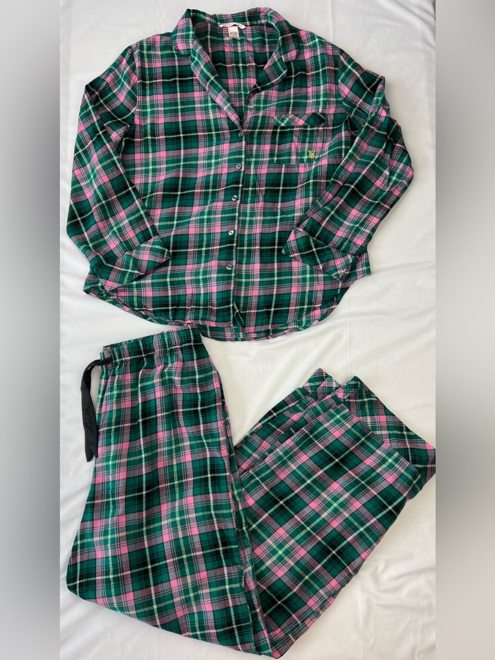 Victoria’s Secret Green Pink Plaid Pajama Set Button Front Sleepwear Size Medium